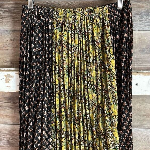 Vintage TRIO NY Peasant Pleated Patchwork Maxi Skirt Yellow Green,Black Size 8 - Picture 5 of 11
